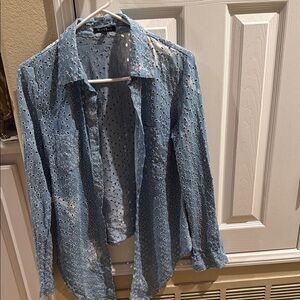 Blue  distressed Eyelet cotton  Button-Up Shirt